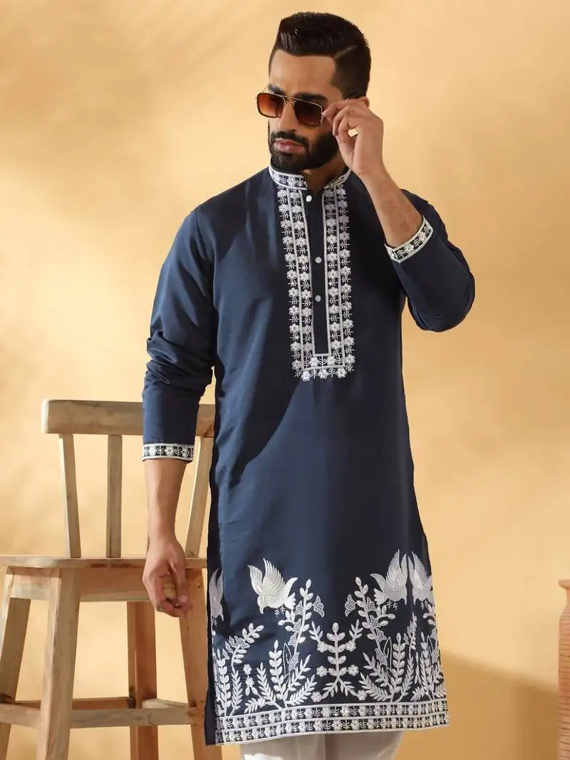 Cotton silk embroidered sequin work blue kurta with trouser pant