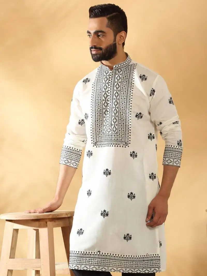 Cotton silk yoke design embroidered sequin cream kurta with trouser pant
