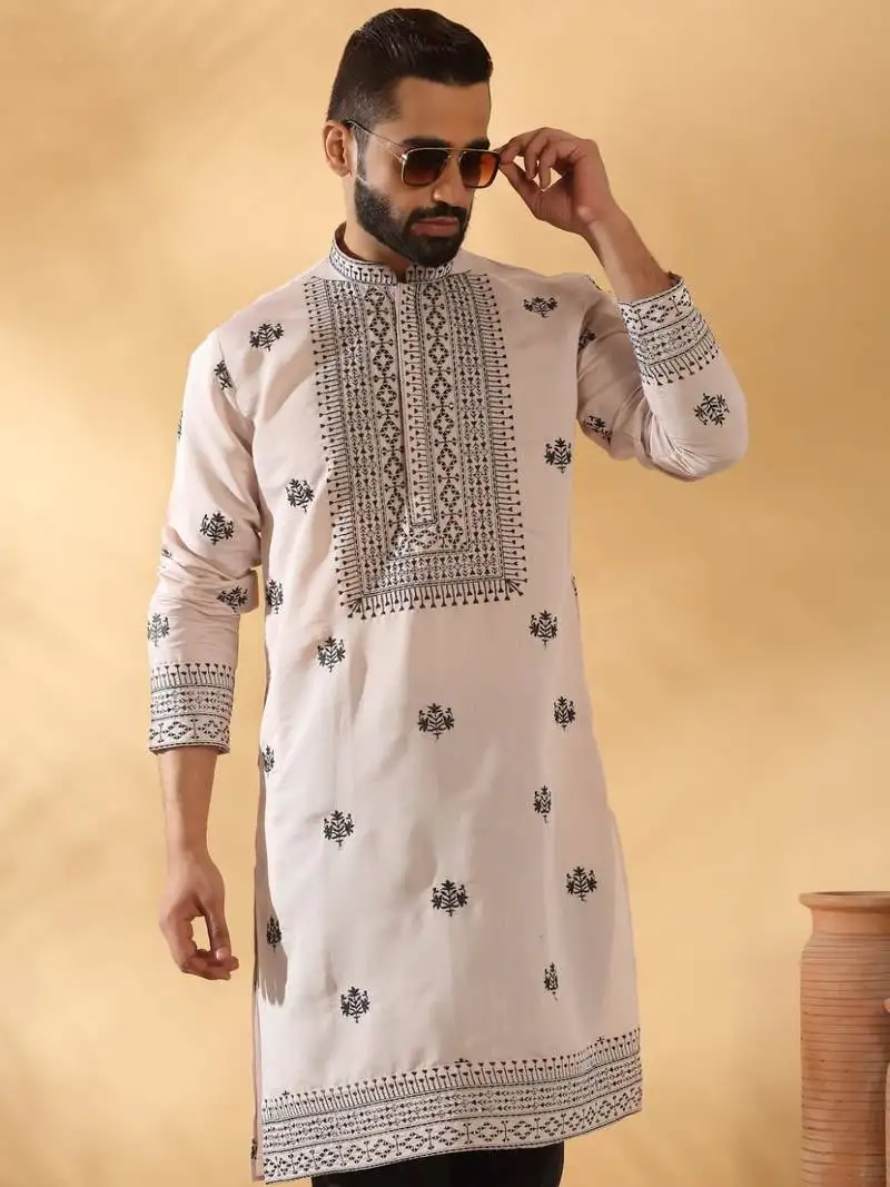 Cotton silk yoke design embroidered sequin peach kurta with trouser pant