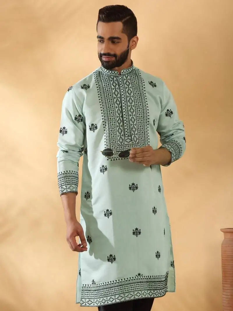 Cotton silk yoke design embroidered sequin blue kurta with trouser pant