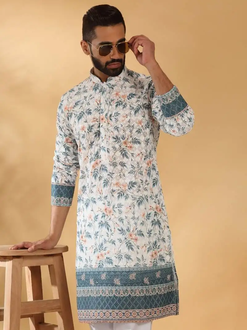 Cotton embroidered sequin chikan floral print thread work white kurta with pyjama