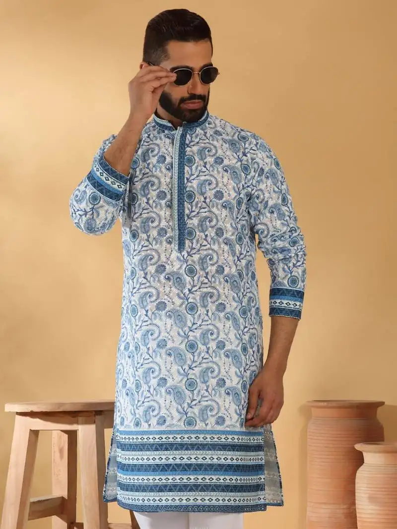 Cotton embroidered sequin chikan floral print thread work navy blue kurta with pyjama