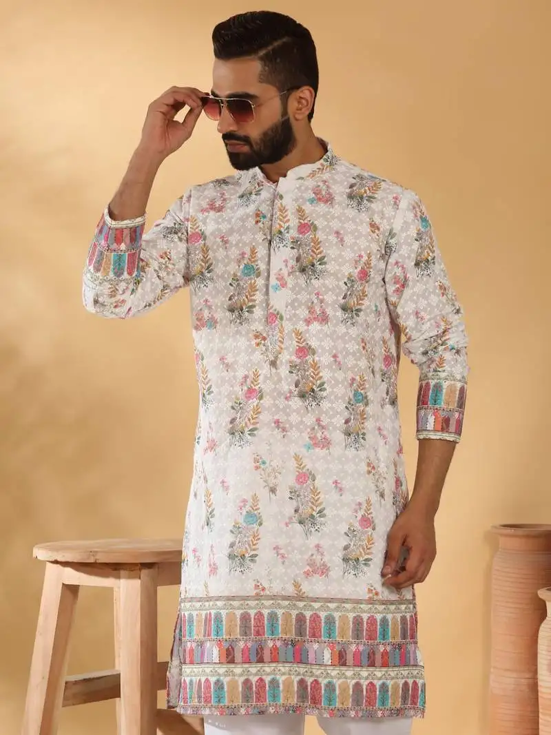 Cotton embroidered sequin chikan floral print thread work multicolor kurta with pyjama