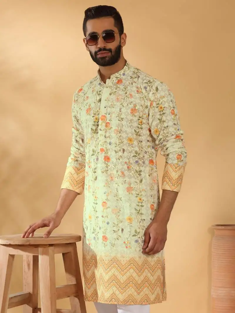Cotton embroidered sequin chikan floral print thread work yellow beige kurta with pyjama