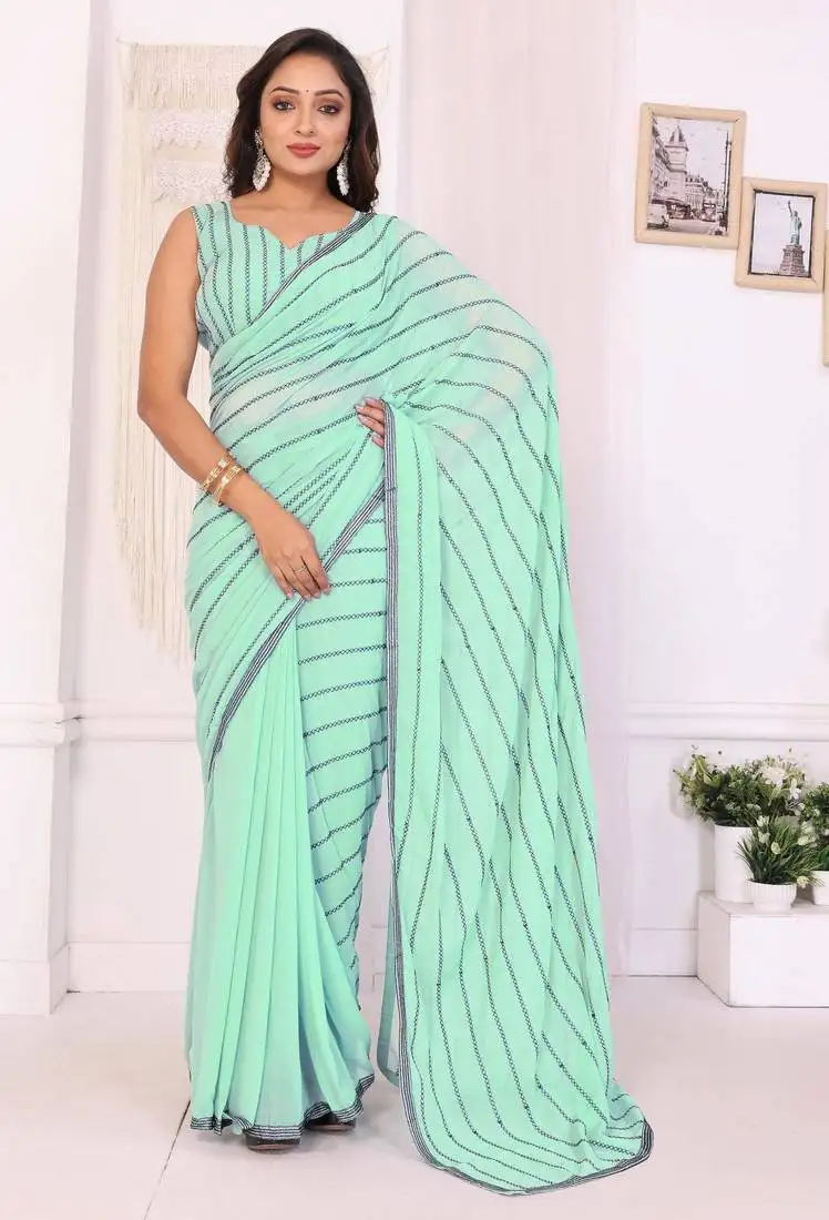 Sea green georgette embroidered ready to wear saree with unstitched blouse