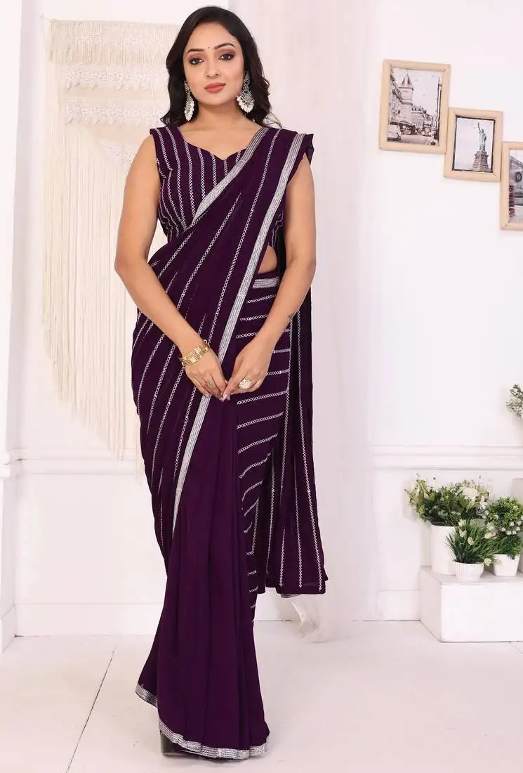 Wine georgette embroidered ready to wear saree with unstitched blouse