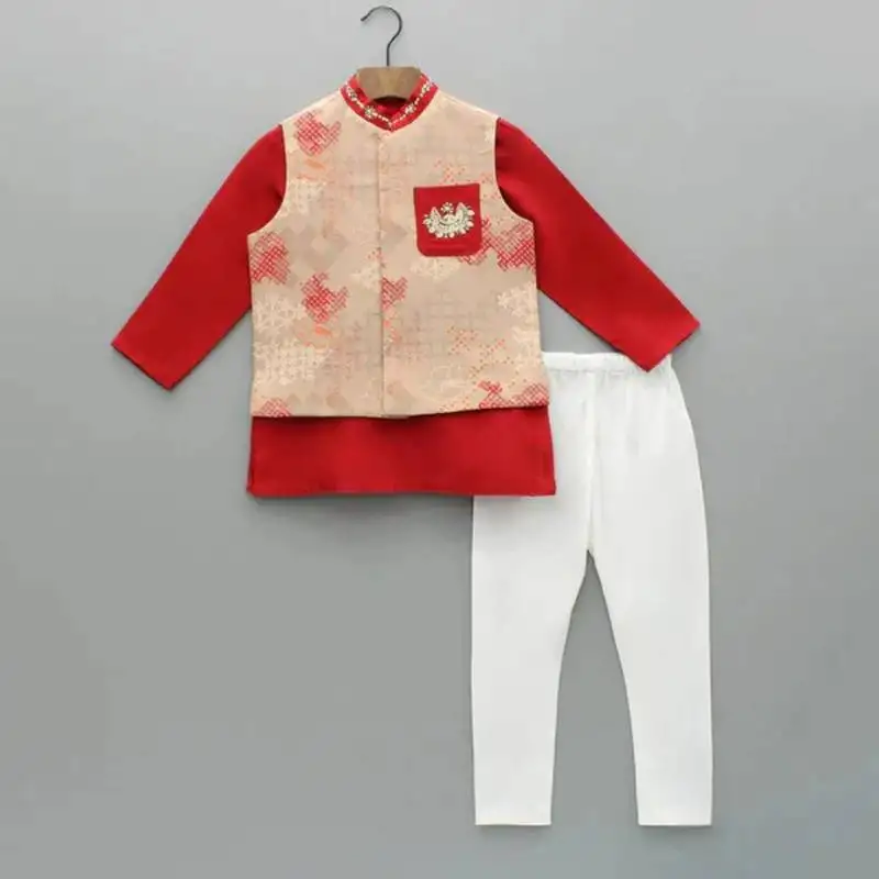 Red kurta with beidge geometrical printed bundi jacket with hand embroided with pajama set for boys