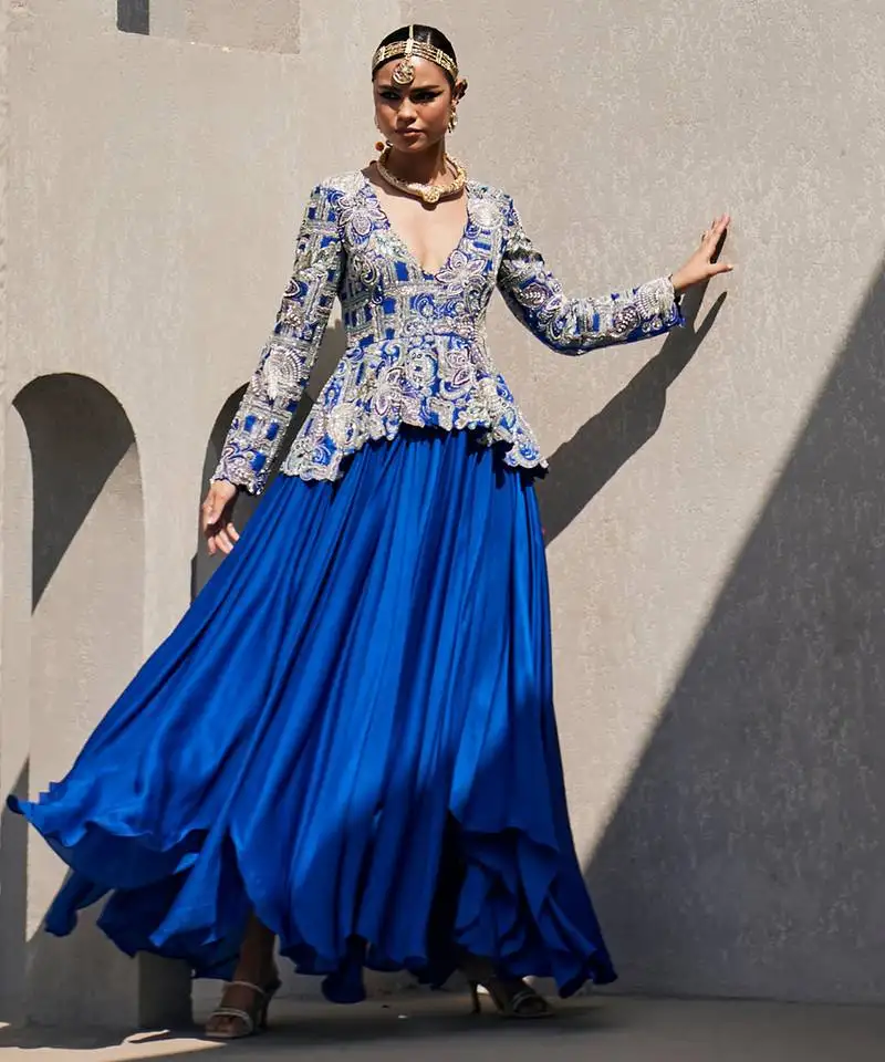 Blue chiffon silk embroidered gown
