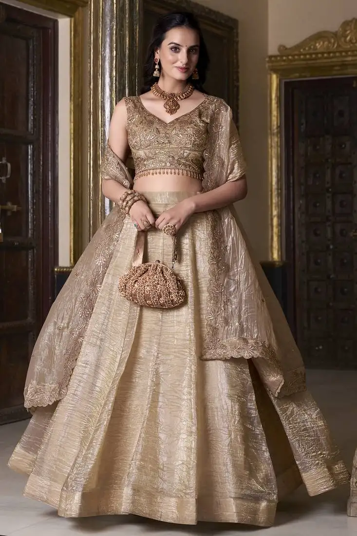 Golden sequins organza wedding lehenga choli with dupatta