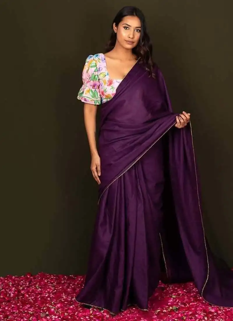 Purple vichitra dyed saree with digital print blouse