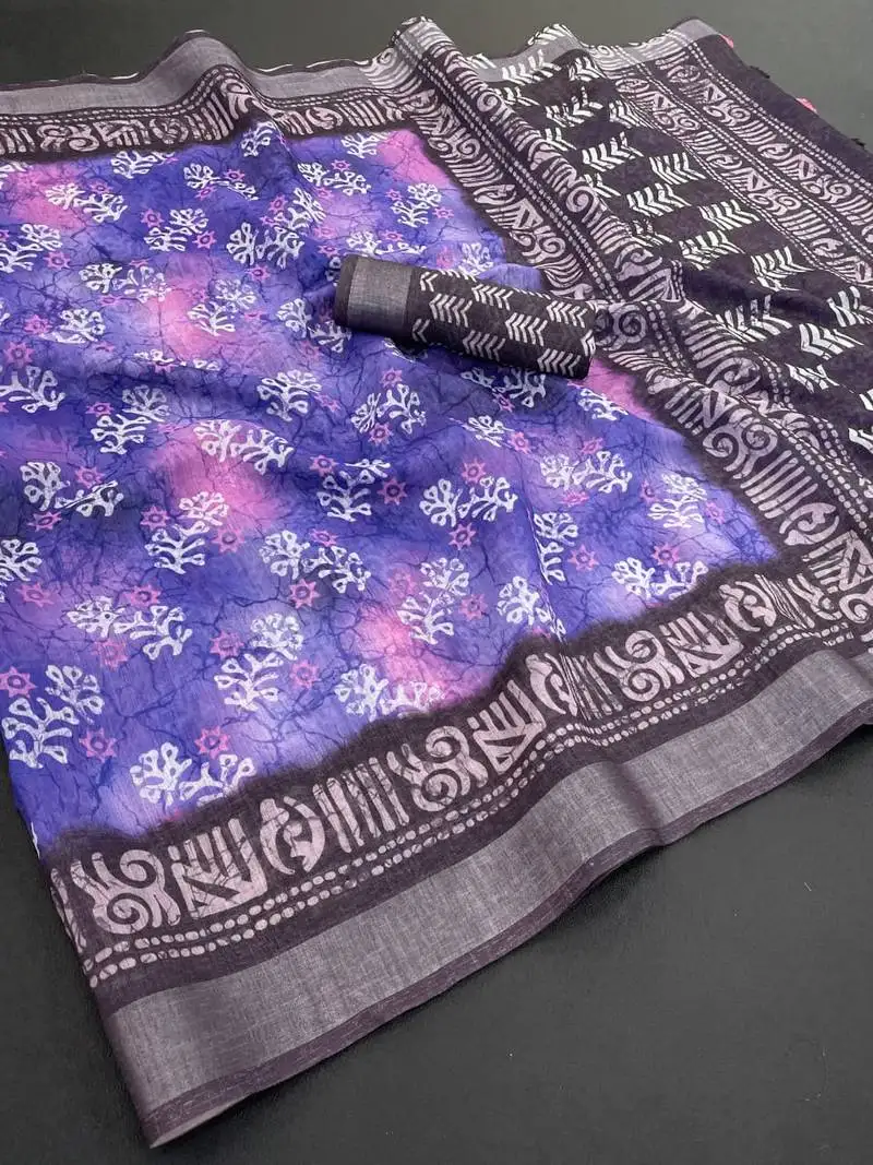 Purple linen cotton digital print saree with tassel pallu
