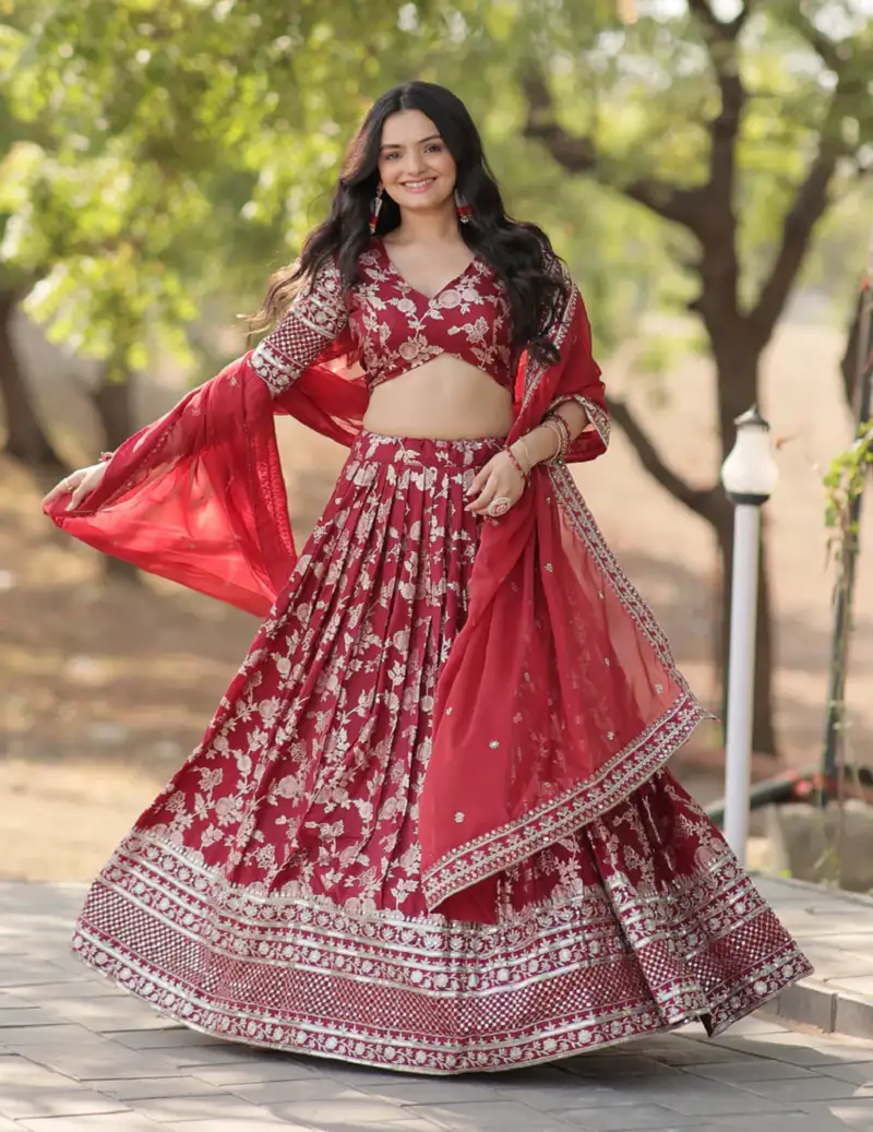 Maroon sequins with zari emrbroidery work dola silk jacquard wedding indian designer lehenga choli