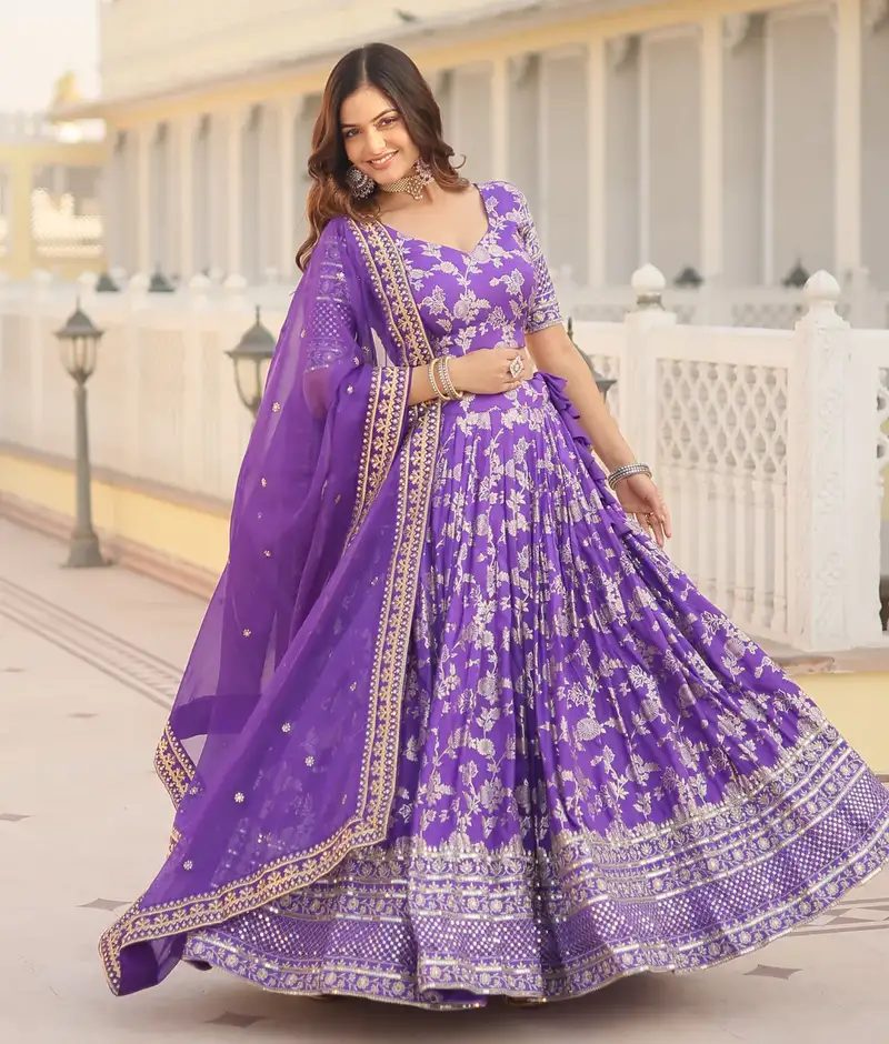 Purple sequence and zari embroidered dola silk jacquard wedding designer indian lehenga choli