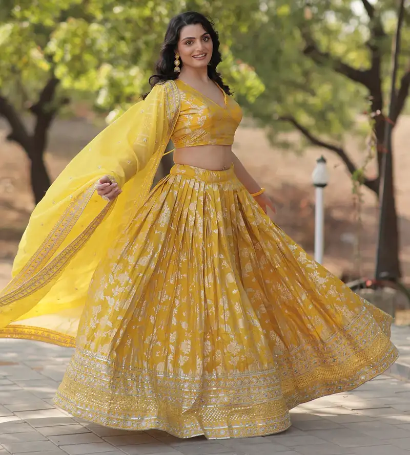 Yellow embroidery with zari and sequins dola silk jacquard indian designer wedding lehenga dress