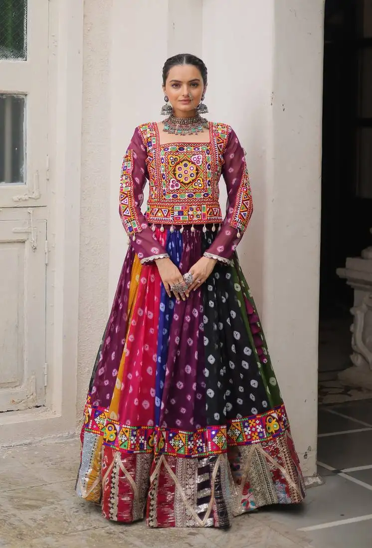 Multicolor georgette print vintage gamthi embroidery work stitched lehenga