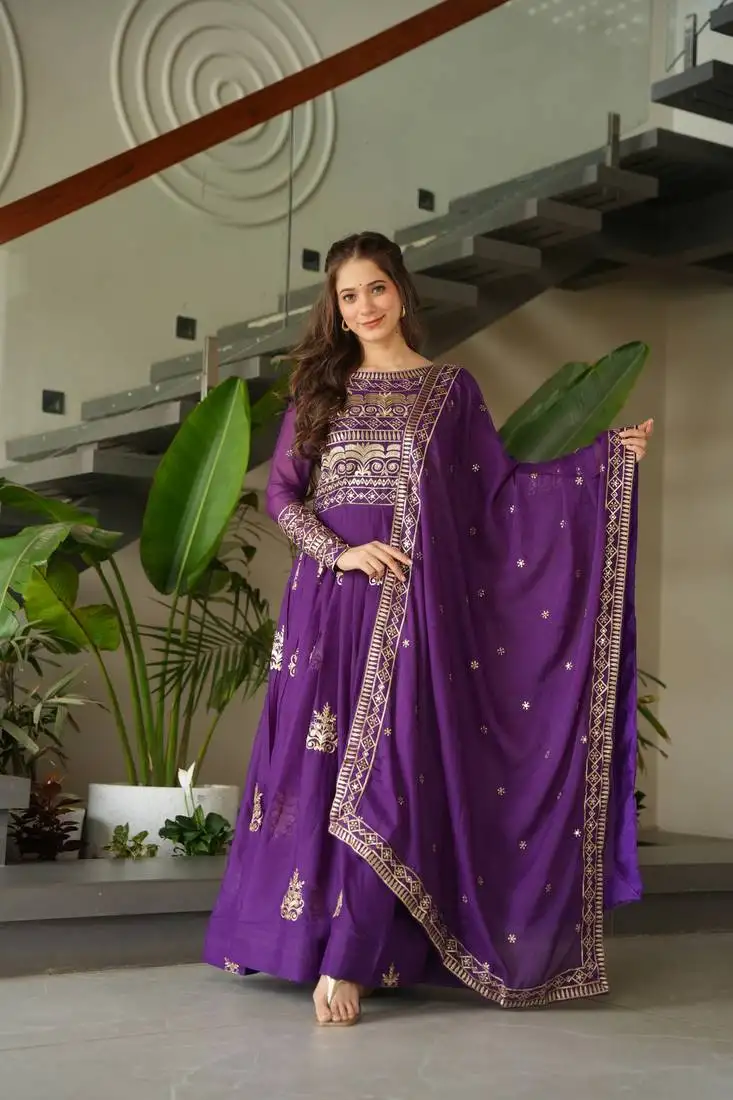 Purple embroidery sequin readymade long kurti