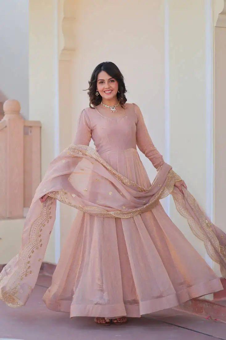 Pink sequins & zari embroidered gown with dupatta