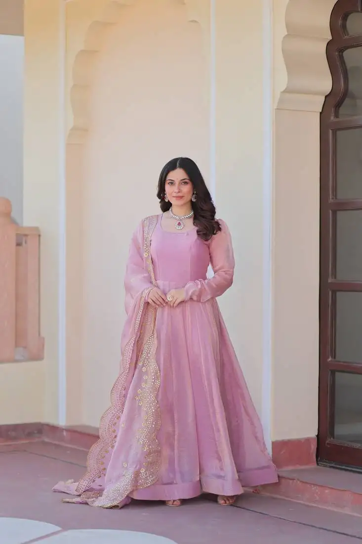 Pink chiffon readymade gown dupatta