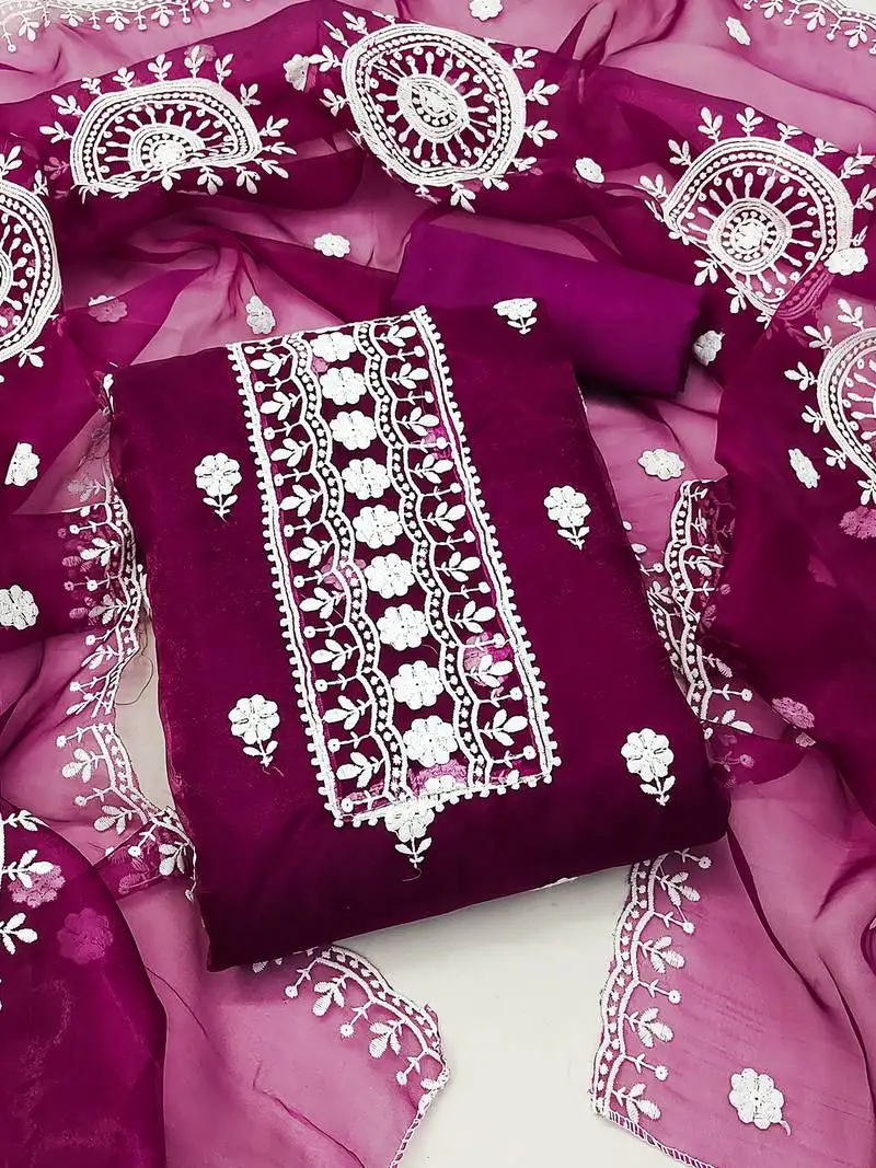 Unstitched dress material with white floral embroidery & organza dupatta