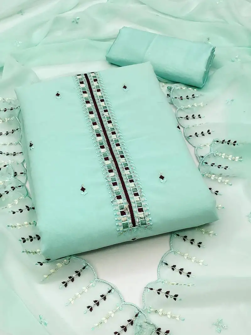 Charming unstitched dress material with subtle sequin work & embroidered dupatta