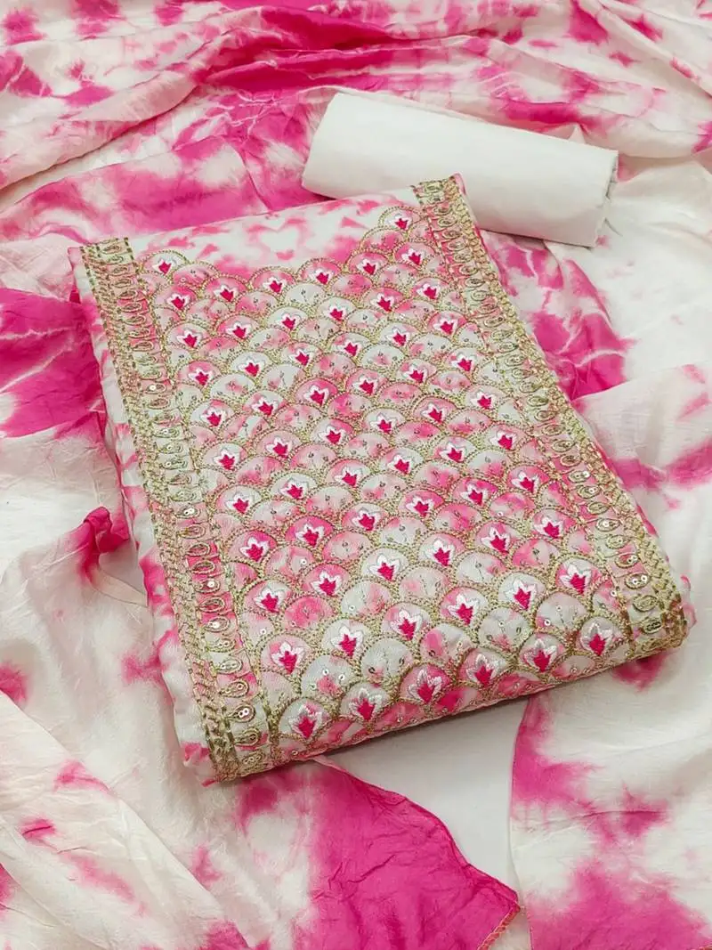 Unstitched dress material with mirror work & tie-dye dupatta