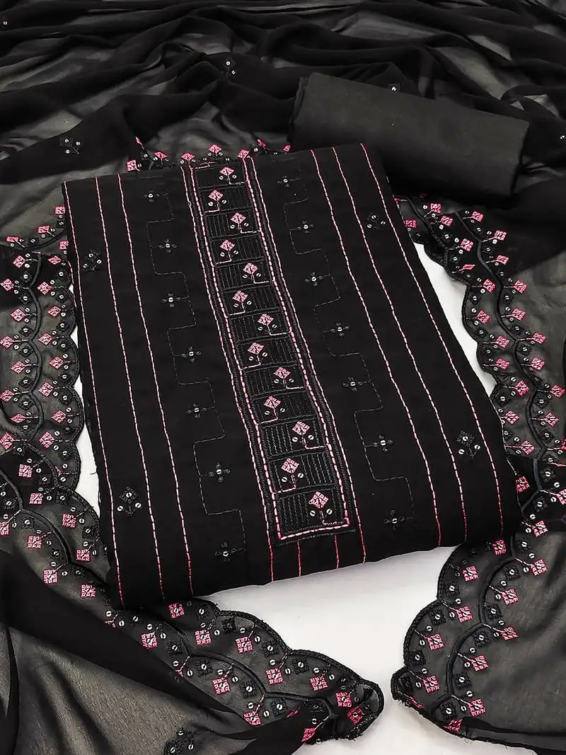 Graceful unstitched suit with pink thread & mirror work embroidery