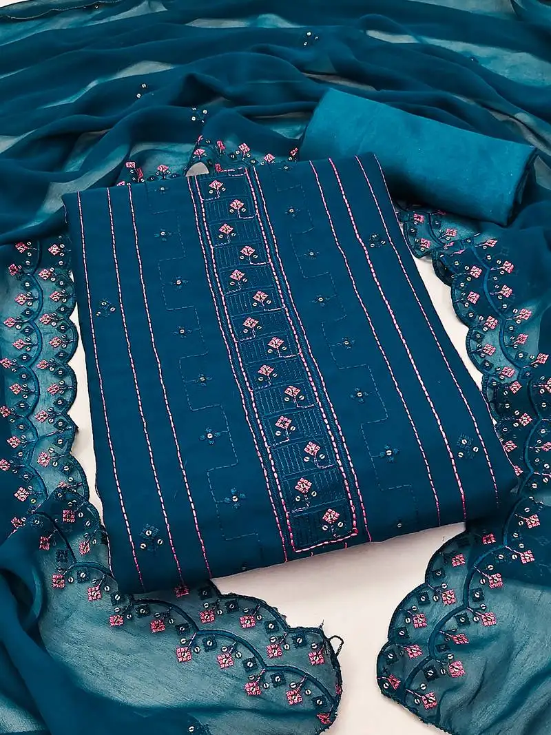 Blue unstitched suit with pink thread & mirror work embroidery