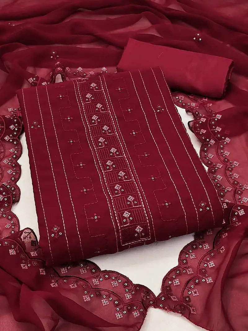 Maroon unstitched suit with pink thread & mirror work embroidery