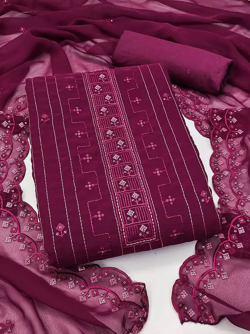 Viiolet unstitched suit with pink thread & mirror work embroidery