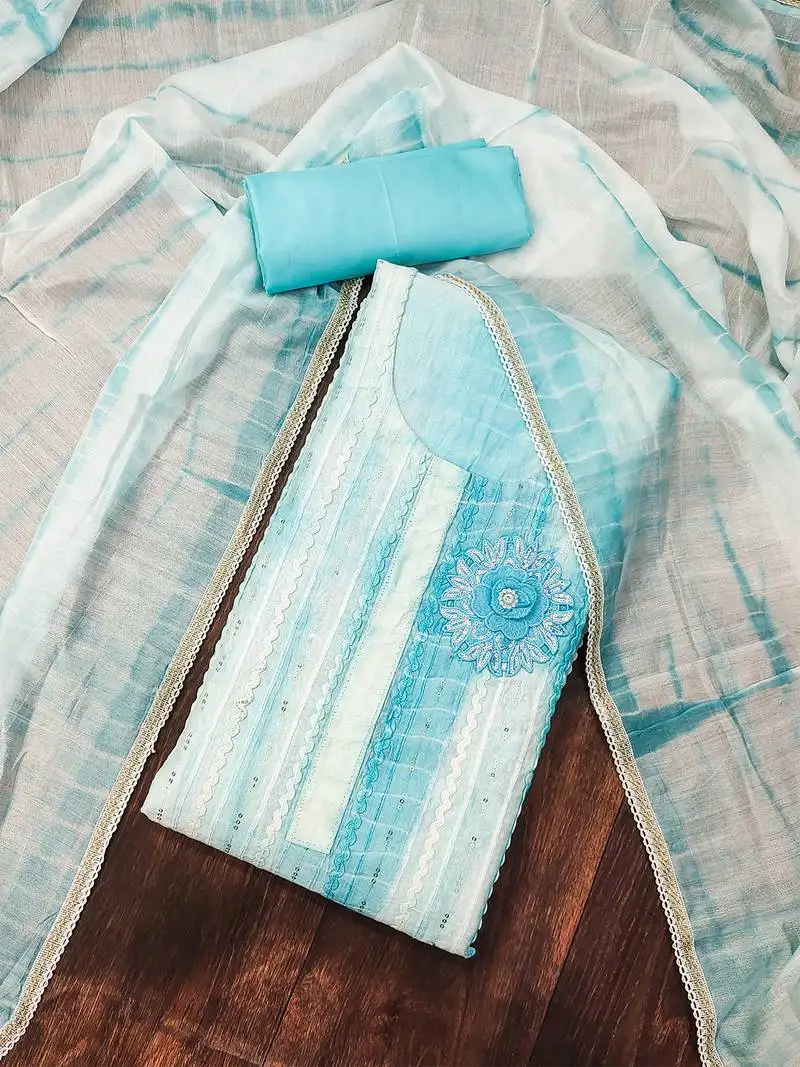 Blue unstitched suit set with floral appliqu & subtle stripes