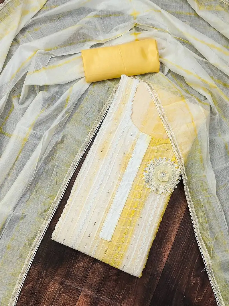 Yellow yellow unstitched suit set with floral appliqu  & subtle stripes