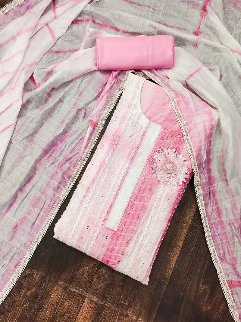 Pink pink unstitched suit set with floral appliqu & subtle stripes