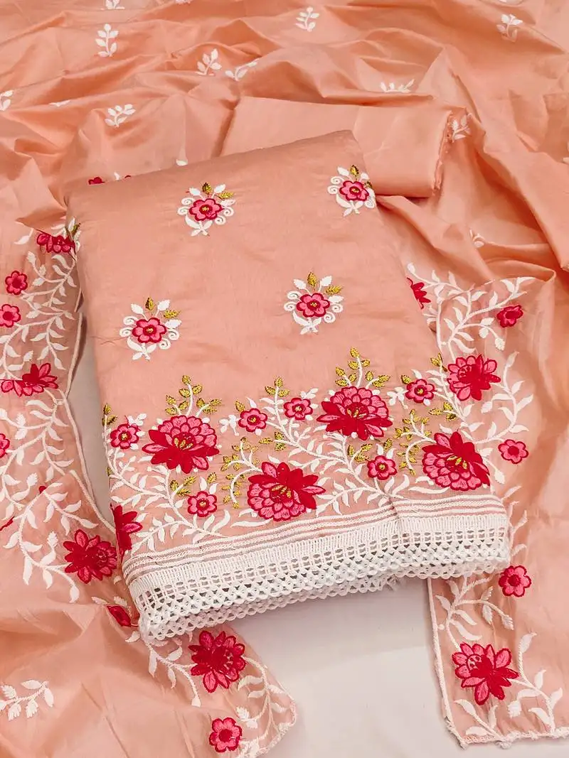 Peach charming chanderi cotton dress material with floral embroidery & lace detailing unstitched