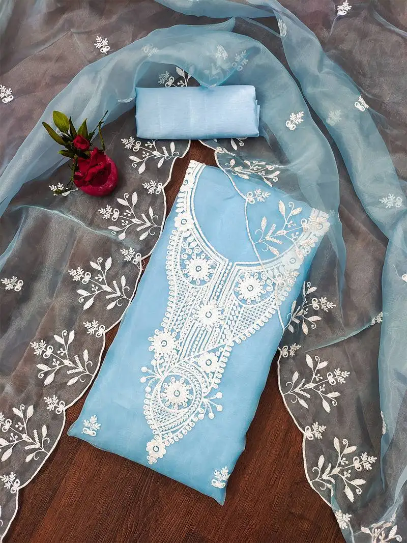 Blue powder organza suit set with intricate white thread embroidery unstitched