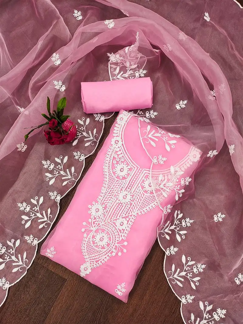 Pink powder organza suit set with intricate white thread embroidery unstitched