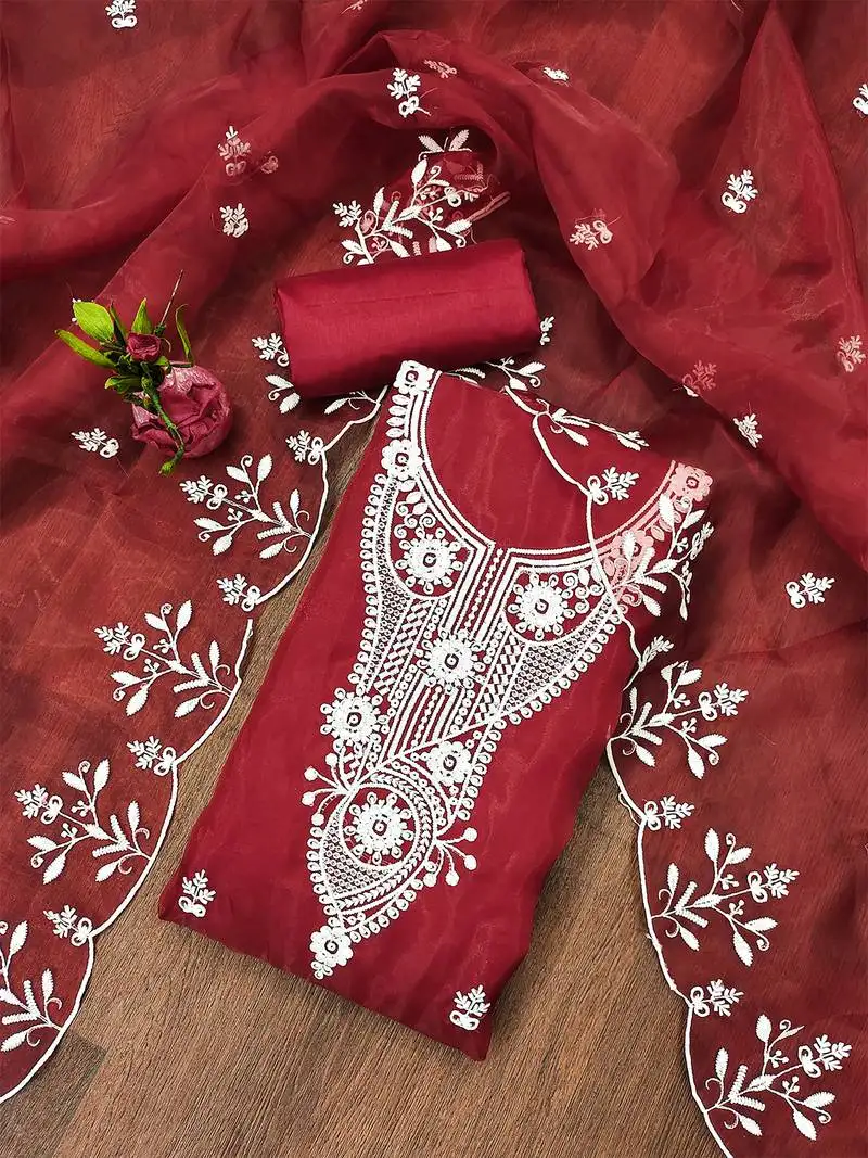 Red powder organza suit set with intricate white thread embroidery unstitched
