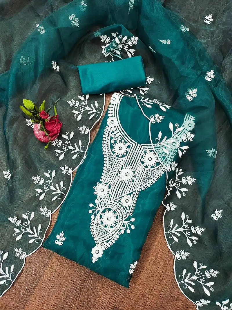 Teal powder organza suit set with intricate white thread embroidery unstitched