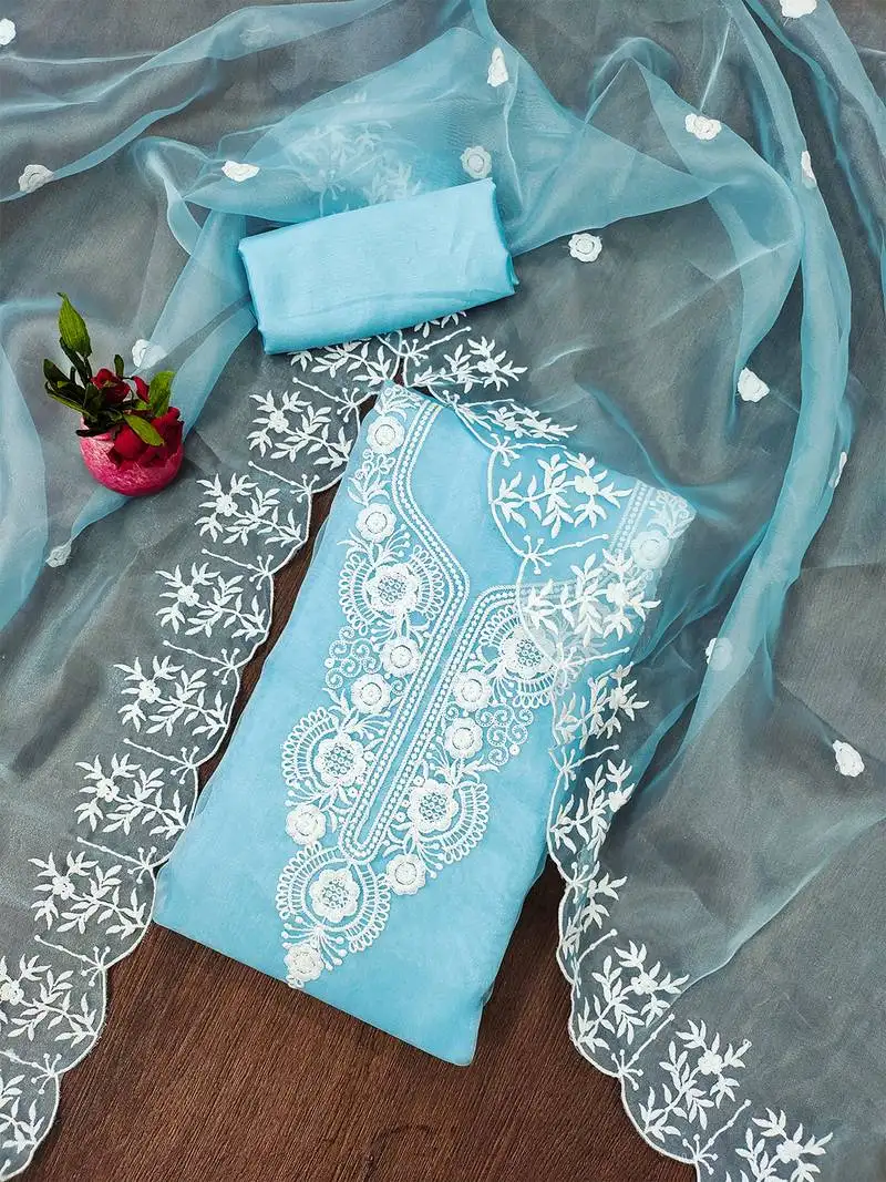 Blue floral embroidered organza suit set with lace detailing unstitched