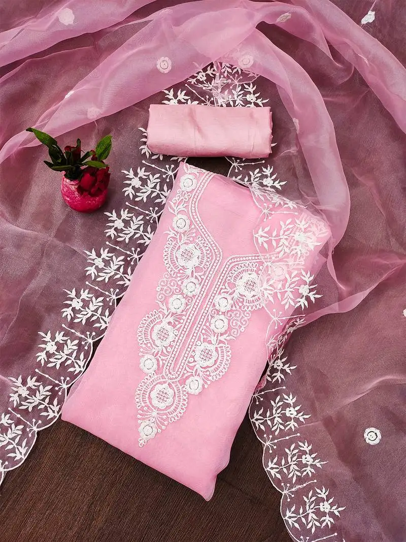 Pink floral embroidered organza suit set with lace detailing unstitched