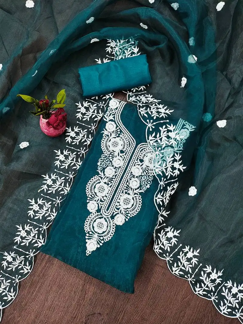 Teal floral embroidered organza suit set with lace detailing unstitched