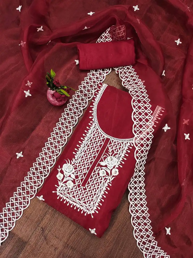 Red floral embroidered organza suit set with lace detailing unstitched