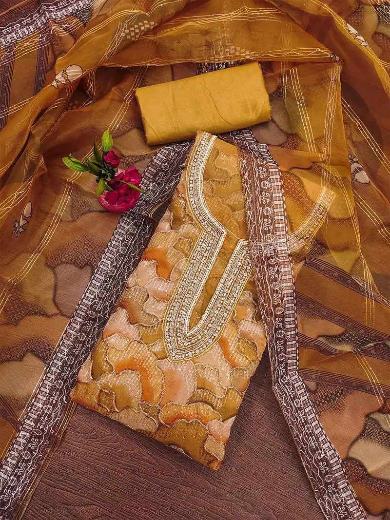 brown organza embroidered dress material set unstitched