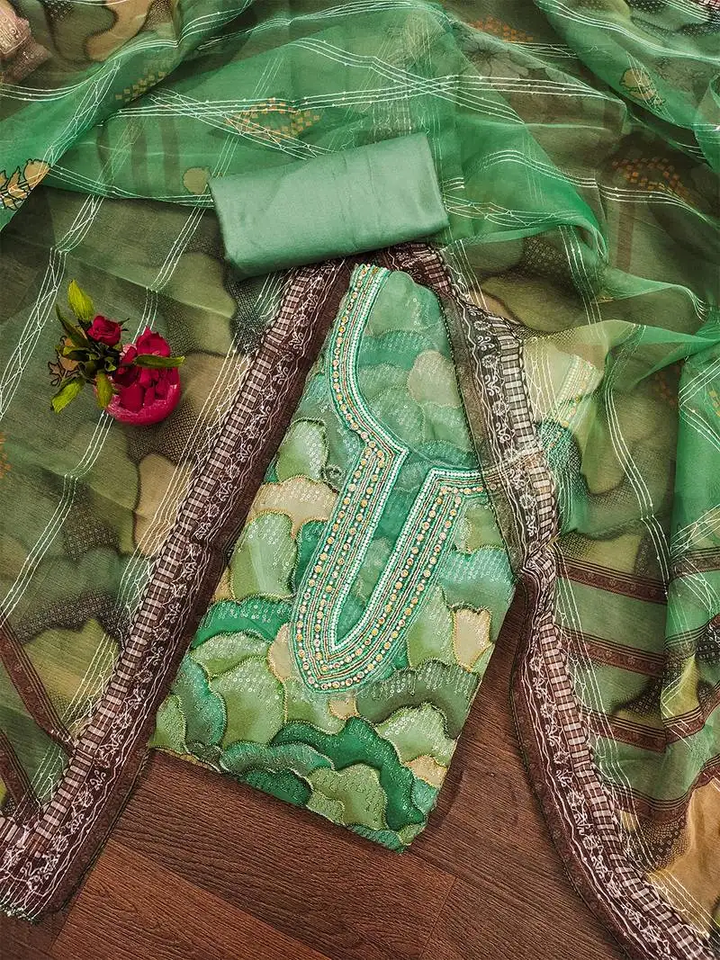green organza embroidered dress material set unstitched