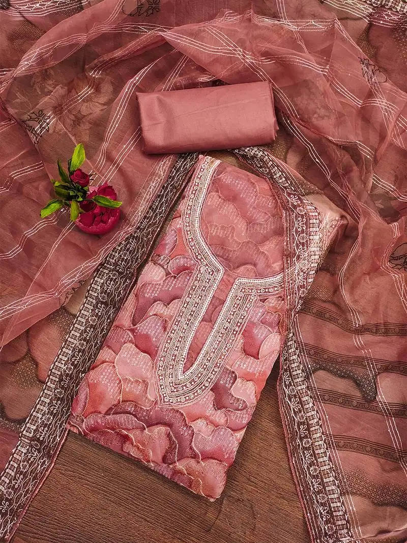 peach organza embroidered dress material set unstitched