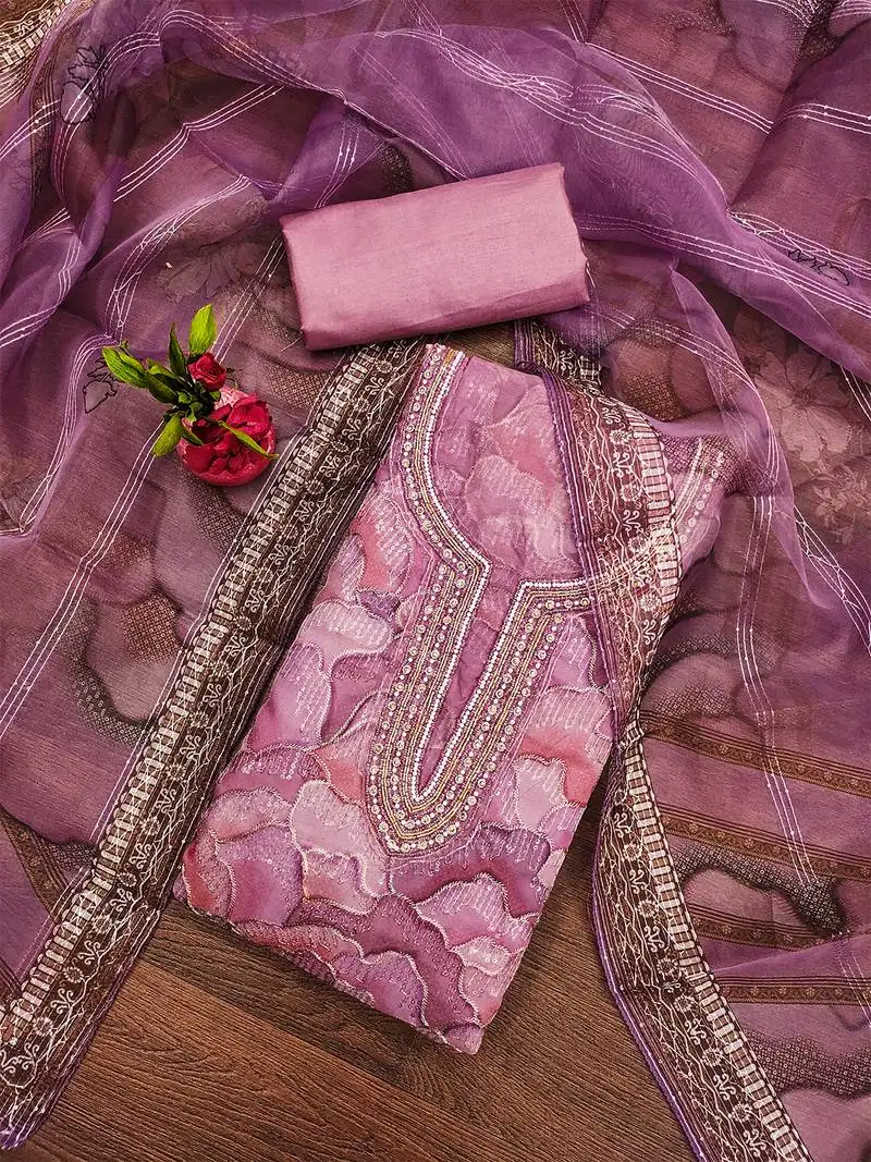 purple organza embroidered dress material set unstitched