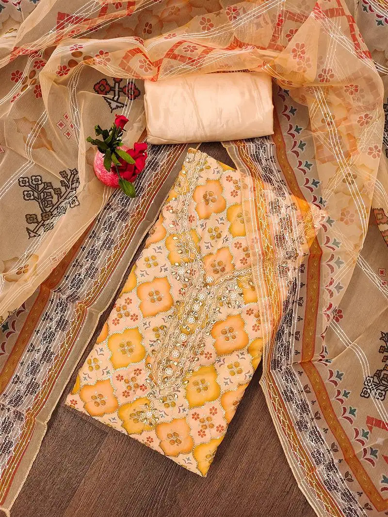 Orange embroidered organza dress material with printed dupatta unstitched