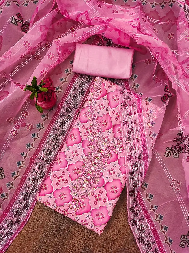 Pink embroidered organza dress material with printed dupatta unstitched