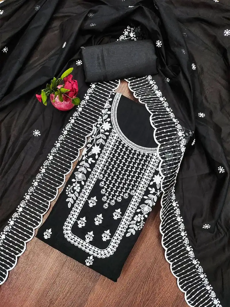 Timeless black chanderi cotton suit set with white thread embroidery unstitched