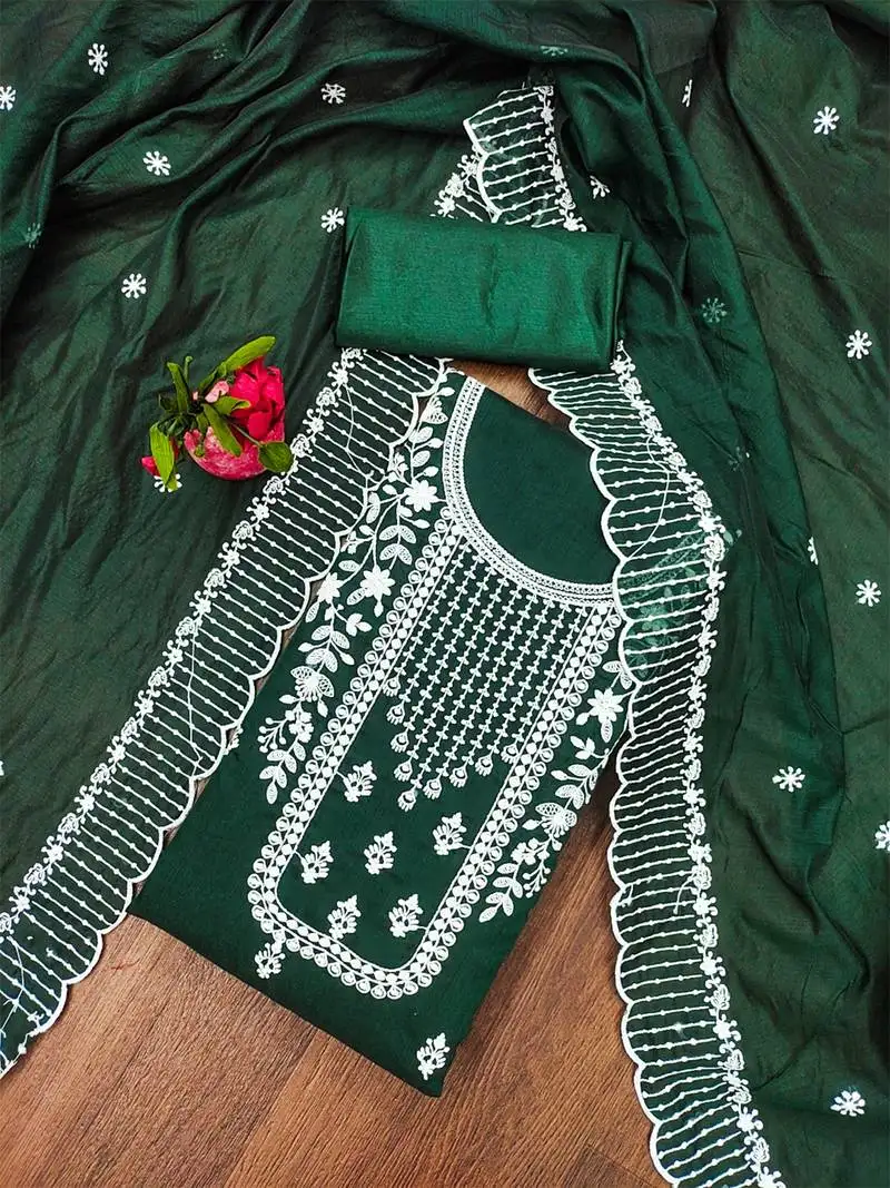 Timeless dark green chanderi cotton suit set with white thread embroidery unstitched