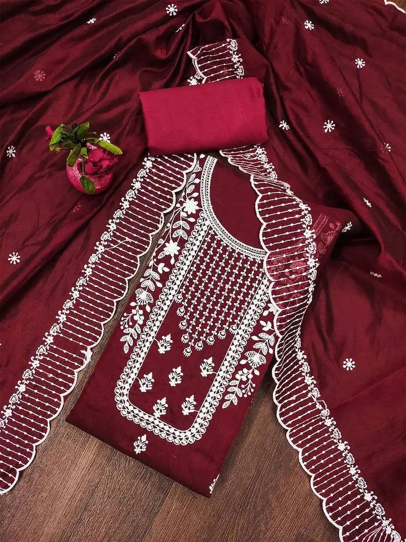 Timeless maroon chanderi cotton suit set with white thread embroidery unstitched